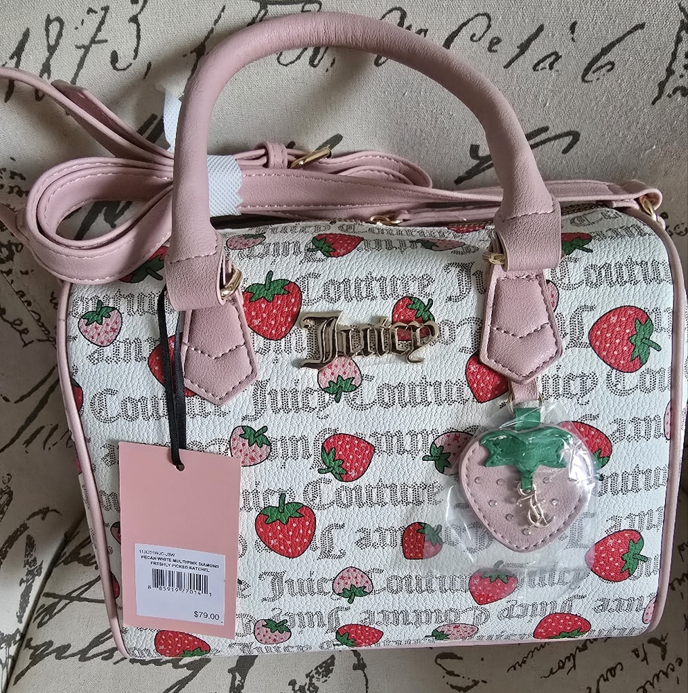 Juicy Couture Freshly Picked π Strawberry Satchel In Pecan White/pink Diam. NWT - Picture 13 of 16